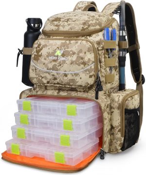 NEVO RHINO 40L Fishing Backpack with 4 Tackle Boxes – Water-Resistant | Modular Storage | Camouflage Yellow