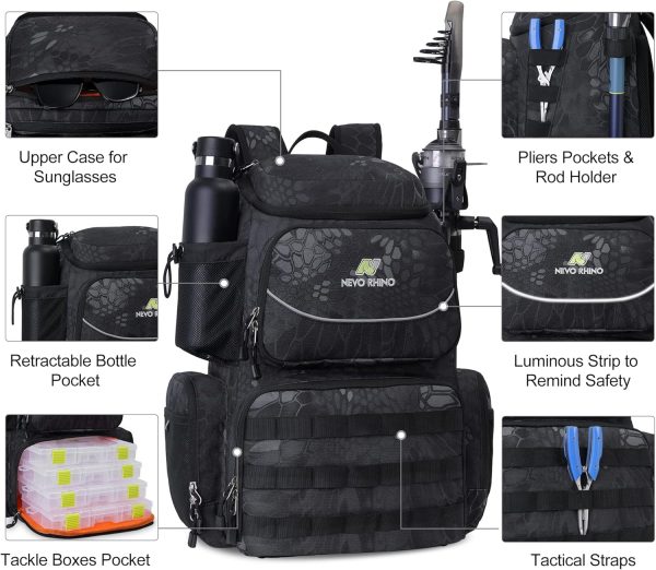 81BJXGezE2L._AC_SL1500_ NEVO RHINO 40L Fishing Backpack with 4 Tackle Boxes – Water-Resistant | Modular Storage | Camouflage Black