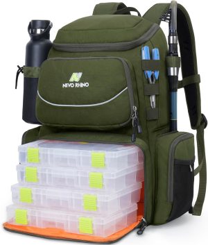 NEVO RHINO 40L Fishing Backpack with 4 Tackle Boxes – Water-Resistant | Modular Storage | Color: Army Green