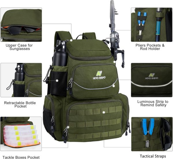 NEVO RHINO 40L Fishing Backpack with 4 Tackle Boxes – Water-Resistant | Modular Storage | Color: Army Green