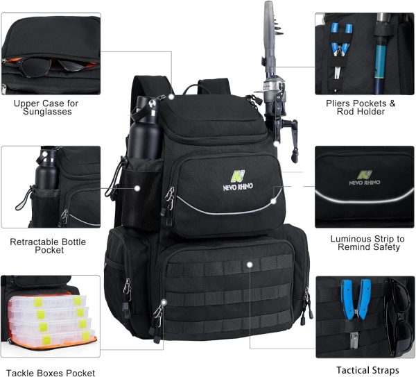 NEVO RHINO 40L Fishing Backpack with 4 Tackle Boxes – Water-Resistant | Modular Storage | Black