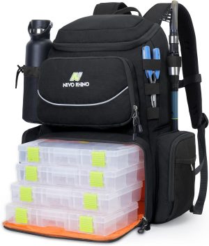 NEVO RHINO 40L Fishing Backpack with 4 Tackle Boxes – Water-Resistant | Modular Storage | Black