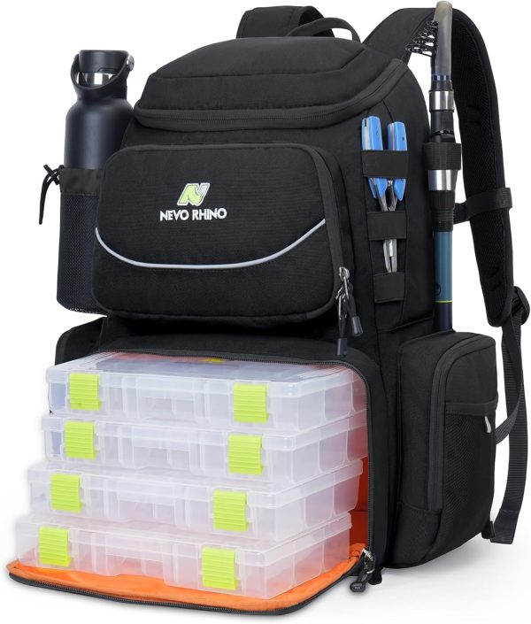 NEVO RHINO 40L Fishing Backpack with 4 Tackle Boxes – Water-Resistant | Modular Storage | Black