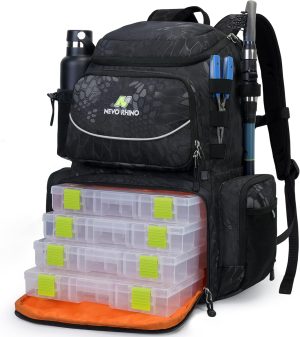 NEVO RHINO 40L Fishing Backpack with 4 Tackle Boxes – Water-Resistant | Modular Storage | Camouflage Black